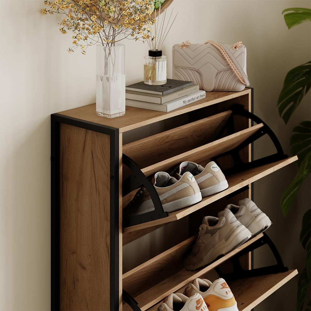 Vicco Benne à chaussures Folda, Chêne doré/noir, 63x83cm avec 2 compartiments basculants