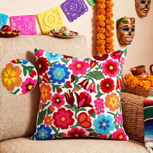 HunnmingRe Mexican Embroidered Throw Pillow with Insert 18 x 18 Inch Mexican Boho Embroidered Pillow Cover Decorative Fiesta Colorful Floral Cushion Decor for Sofa Living Room Couch Bedroom(White)