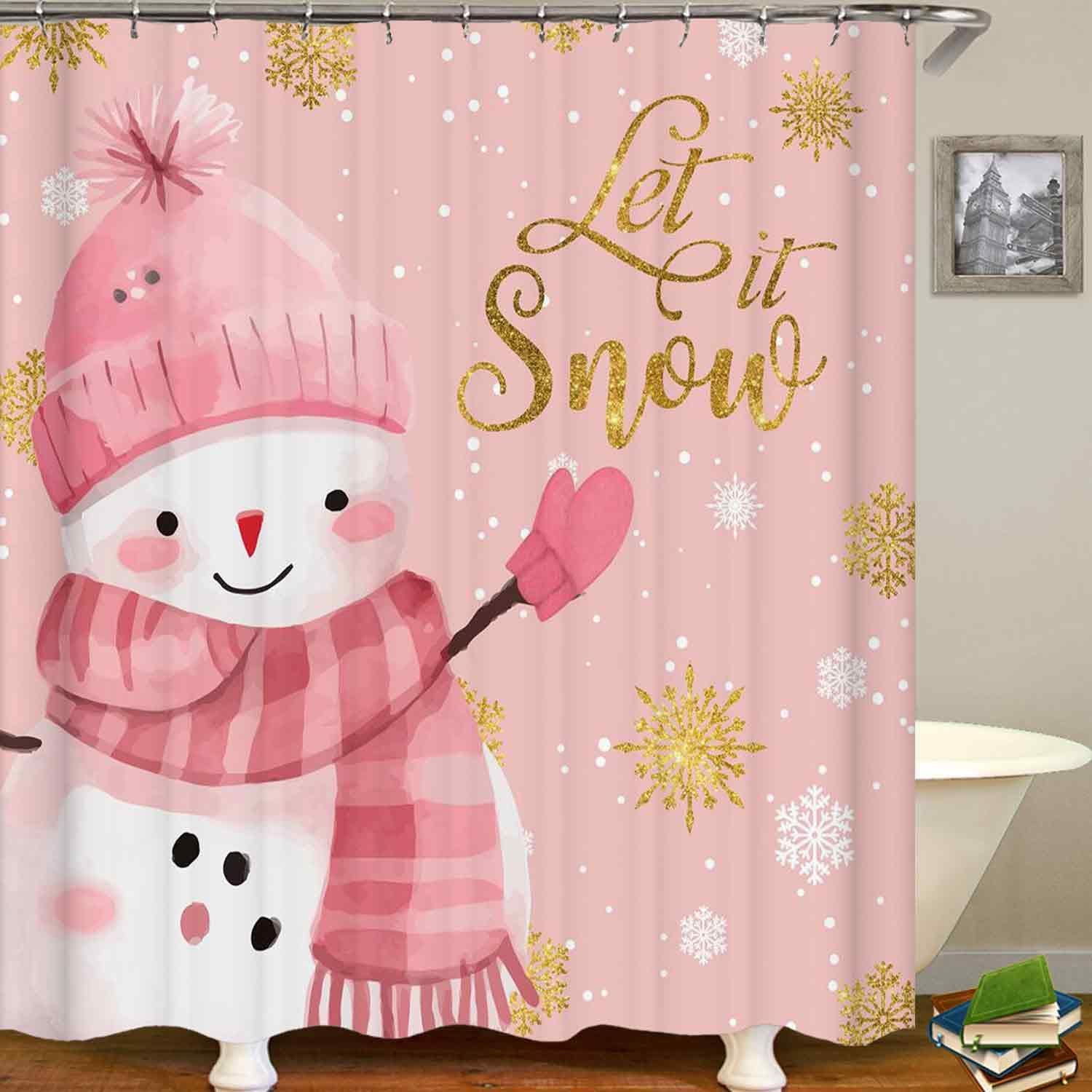 4PCS Cute Snowman Christmas Shower Curtain Sets with Rugs, Waterproof Fabric Pink Shower Curtain, White Gold Snowflake Xmas Winter Holiday New Year Girls Women Bathroom Decor, Daughter Gifts