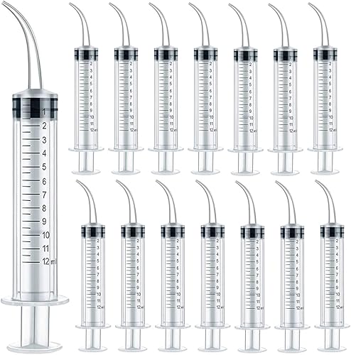 GXXMEI Jeringa dental de 15 piezas de 0.4 fl oz/cc con punta curva y medición, jeringa de riego dental graduada desechable para cuidado dental oral,