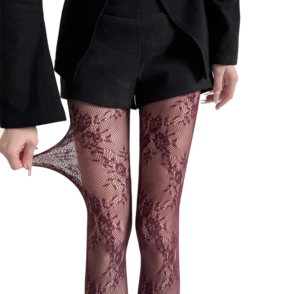 Feng Shui， Collant da Donna con Motivo Floreale in Pizzo, Calze, Leggings a Rete a Rete con Fiori Vuoti, Rosa, graziosi Collant Lolita