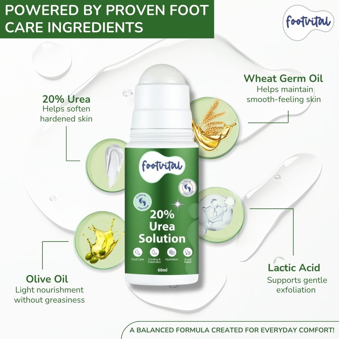 Footvital 20% Urea Foot Roll-On 60ml | intensive care for dry & cracked heels | cooling & deep moisturising formula with Lactic Acid & Wheat Germ Oil | daily foot care for men & women 2