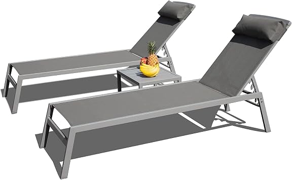 Patio Chaise Lounge Set, 3 Pieces Aluminum Adjustable Pool Lounge Chairs Textilene Sunbathing Recliner with Headrest Grey,2 Lounge Chairs +1 Table