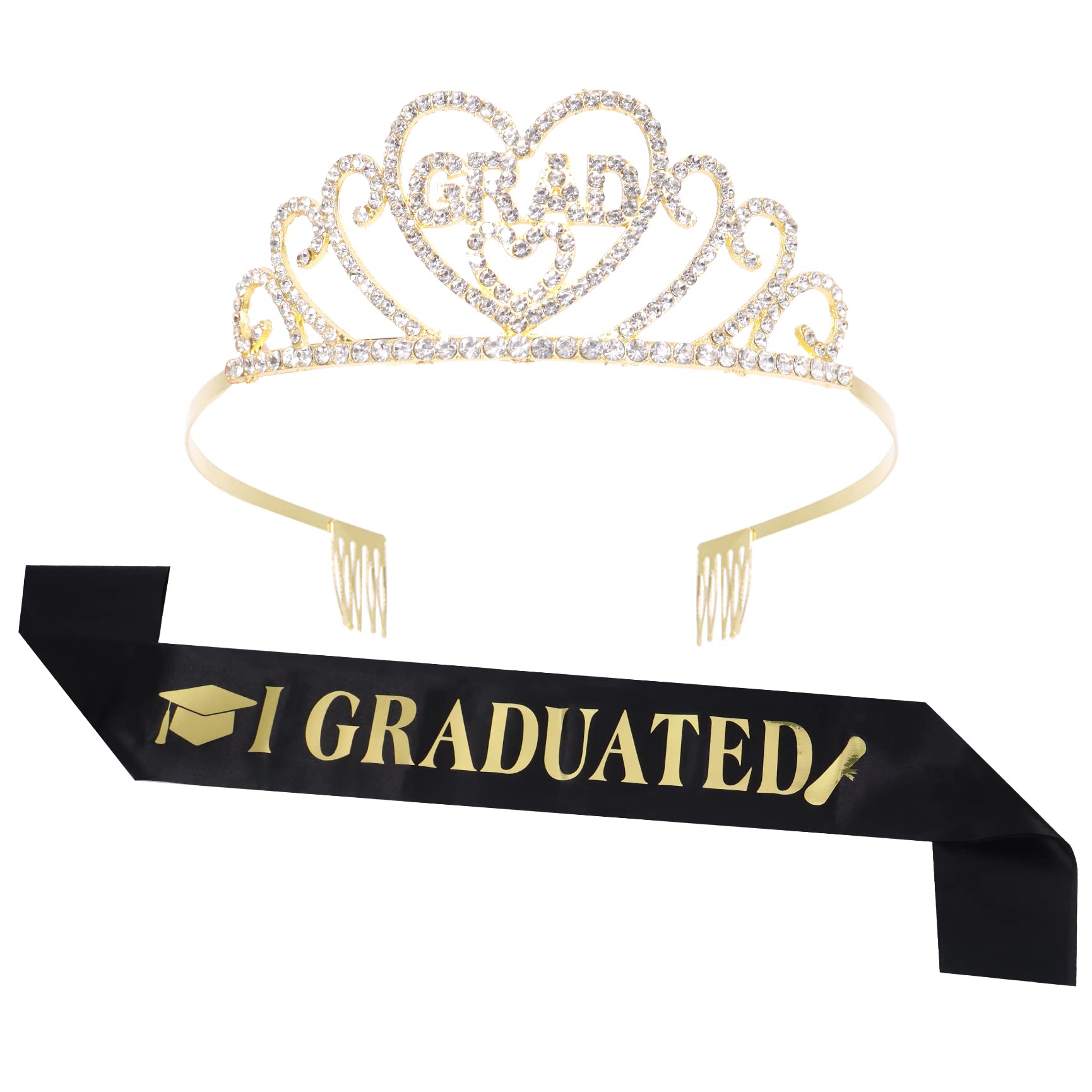 Qaziuy Graduation Crown & Graduation Sash, Gold Glitter Princess Graduation Tiara Satin Sash for Graduation Party Decorations Grad Decor — image 1