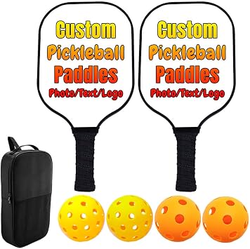 Personalized Custom Pickle Balls Paddles Rackets Sets with 2 Pickle Ball Rackets, 4 Pickle Balls and 1 Carry Bag, Add Photo Text Logo Pickleballs Paddles Customized Gift for Friends Family