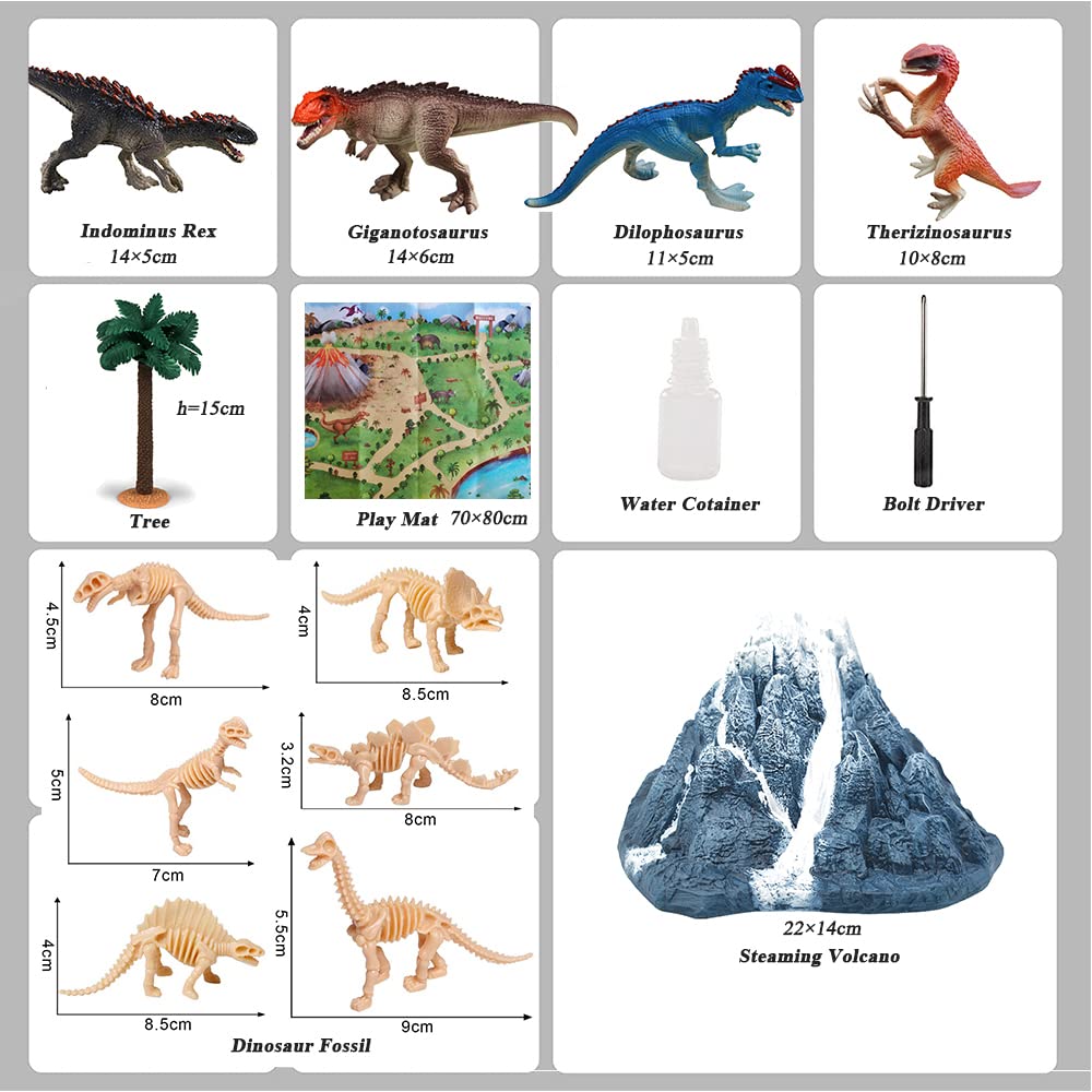 Dinosauro giocattoli set modello vulcano spray luce blu con tappetino da gioco alberi per creare un mondo Dino per bambini (XY01701)