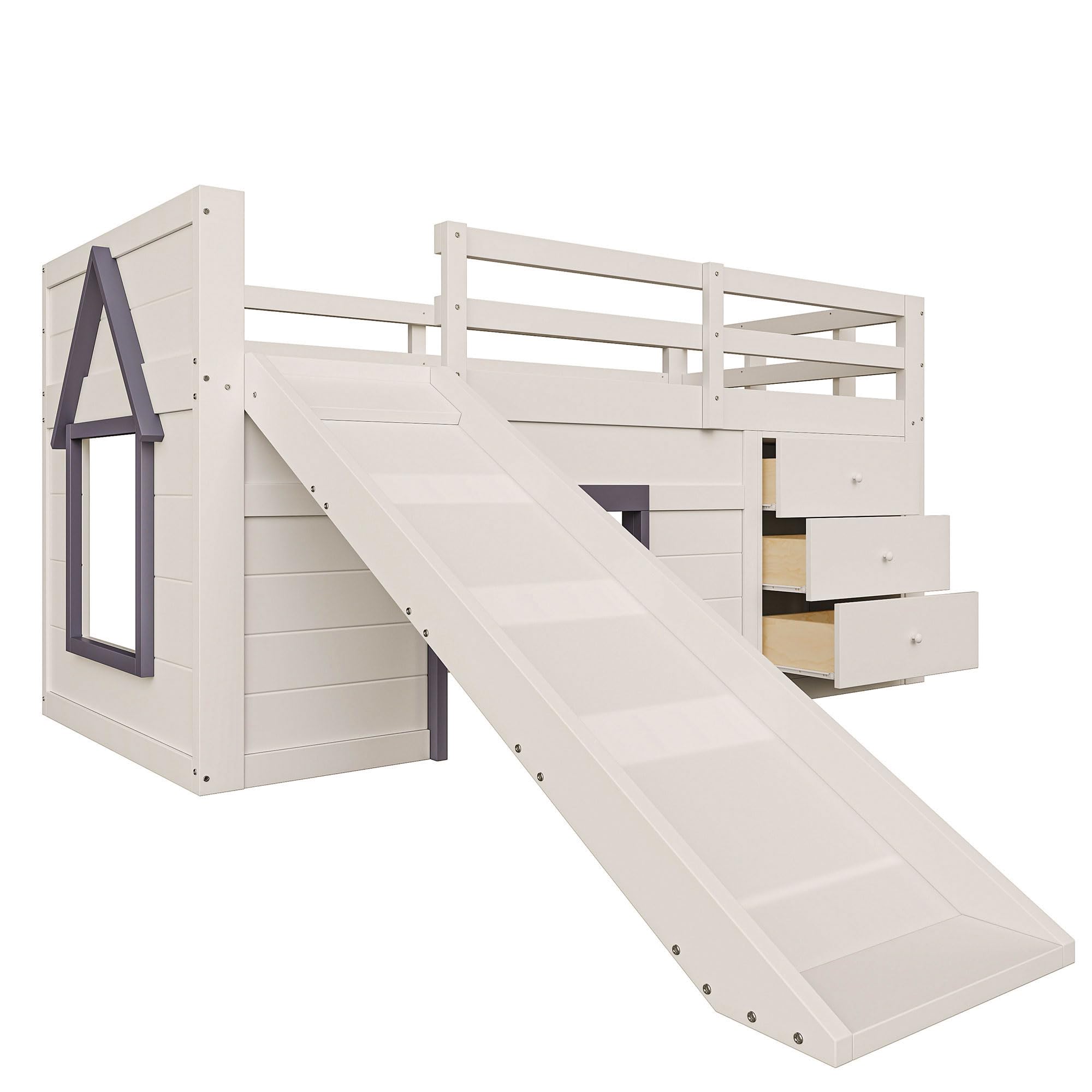 Merax Kinderbett 90x200 Funktionsbett Kinder Hochbett mit Rutsche, Stauraum, Unterhaltungsbereich unter dem Bett - Holzbett mit Lattenrost, Leiter und Rausfallschutz, Kiefer, ohne Matratze, Creme