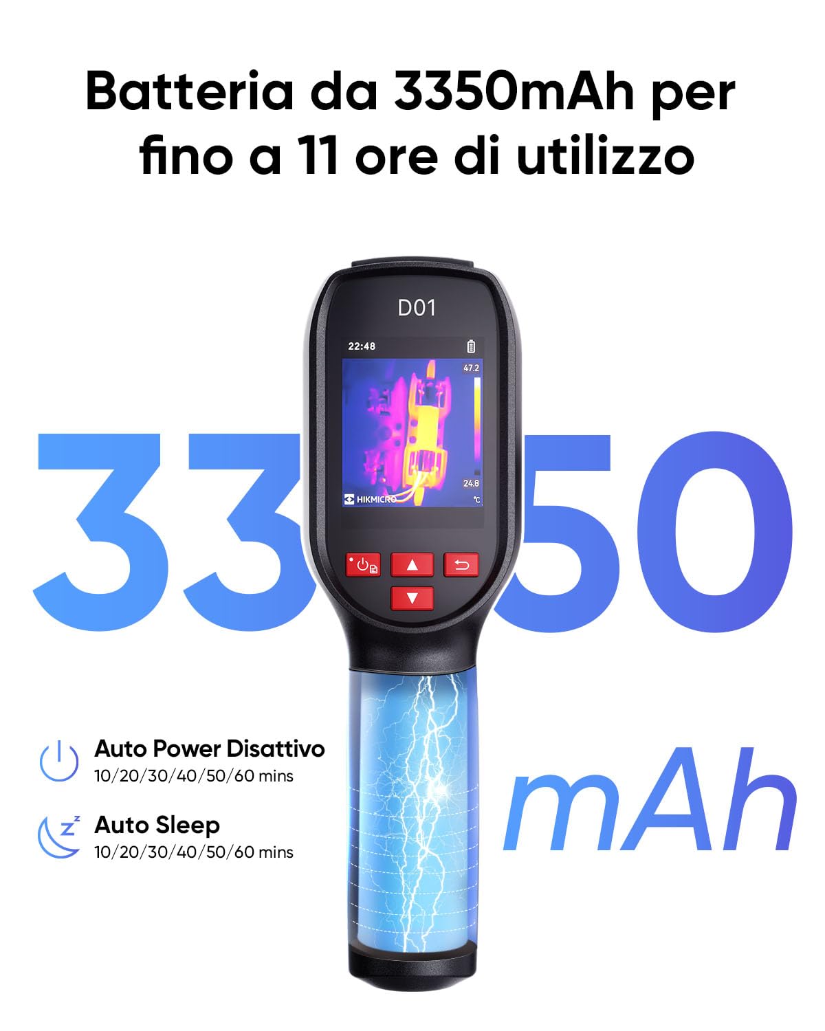 Termocamera HIKMICRO D01, 240x240 SuperIR, 96x96 IR nativo | 11 ore di autonomia con batteria da 3350 mAh, 4 GB, video, IP54, utensili per casa, HVAC ed elettrici