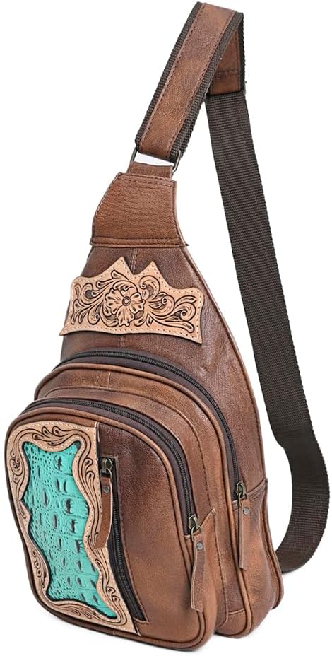 American Darling Western Sling Backpack Handcrafted from Tooled Leather | Crocodile Embossed & Floral Carved Crossbody Bag