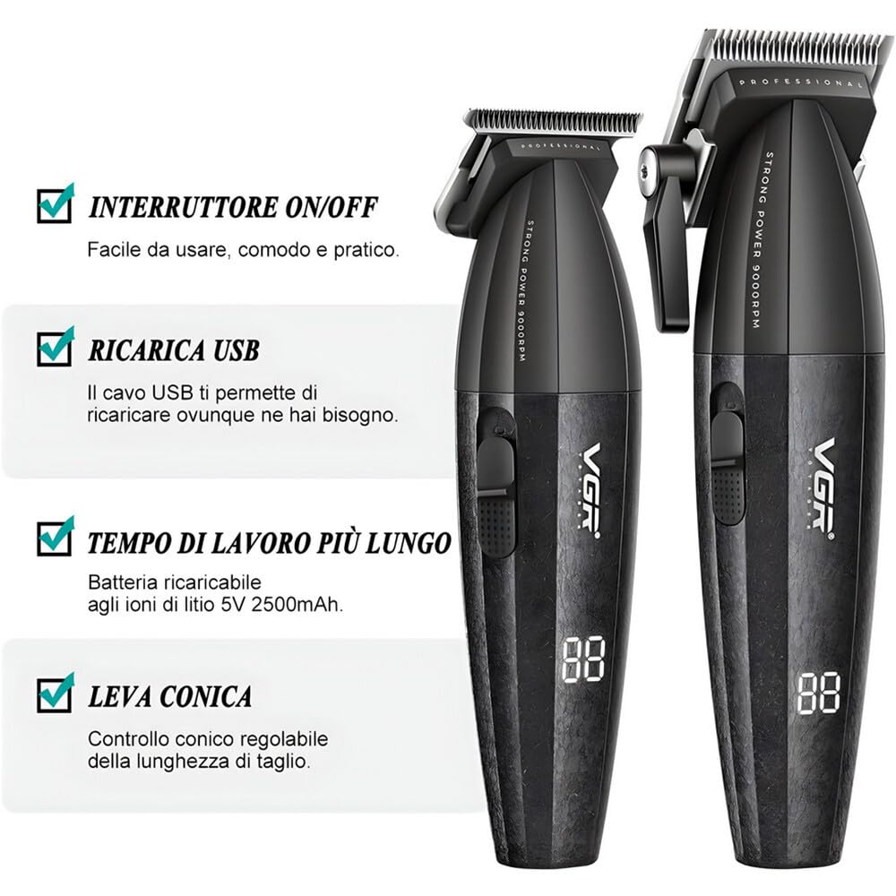 Vetrineinrete® Coppia di rasoi tagliacapelli VGR HAIR TRIMMERR E CLIPPER ricaricabili con display 9000rpm leva conica