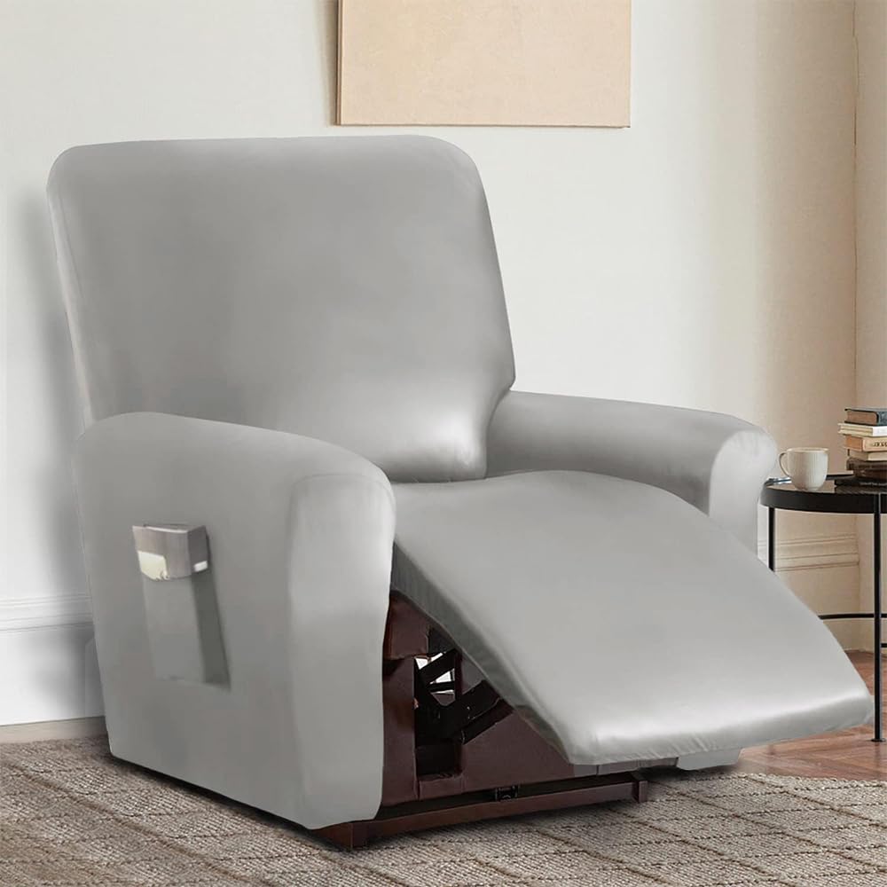 FANSU Copripoltrona Relax Reclinabile Elasticizzato Universale, Pelle PU 1 Posto 4 Pezzi Copripoltrona Reclinabile Elettrica Coprisedile con Tasche, Fodere per Poltrona Relax (1 Posto,Grigio