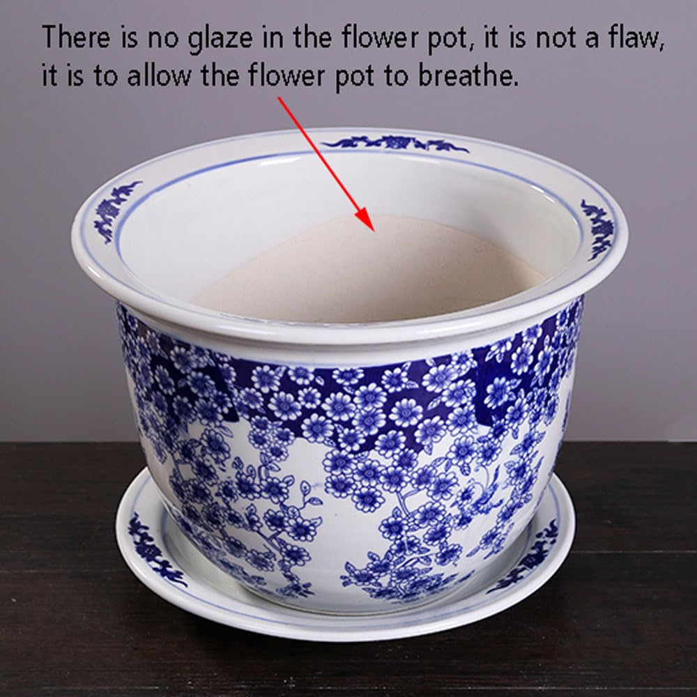 Niebiesko-Biała Porcelanowa Doniczka W Stylu Chinoiserie, Doniczka Ogrodowa Z Otworem Drenażowym Do Roślin Ogrodowych W Pomieszczeniach I Na Zewnątrz
