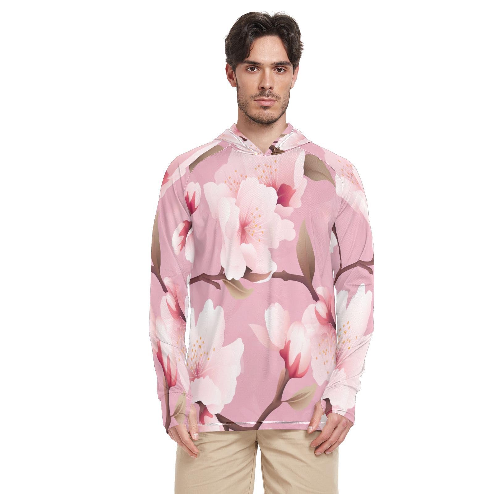 xigua Beautiful Cherry Blossoms Men's UPF 50+ Sun Shirts Quick Dry Sun Protection Hoodie With Long Sleeve 686