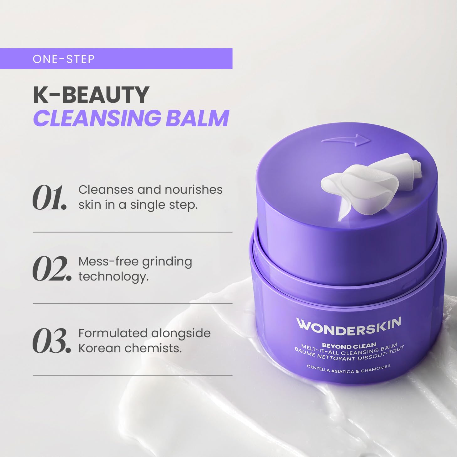Wonderskin Cleansing Balm - Balsamo Detergente che si Scioglie Trasformandosi in Latte Struccante, Detergente Viso Delicato e Idratante con Centella Asiatica e Camomilla