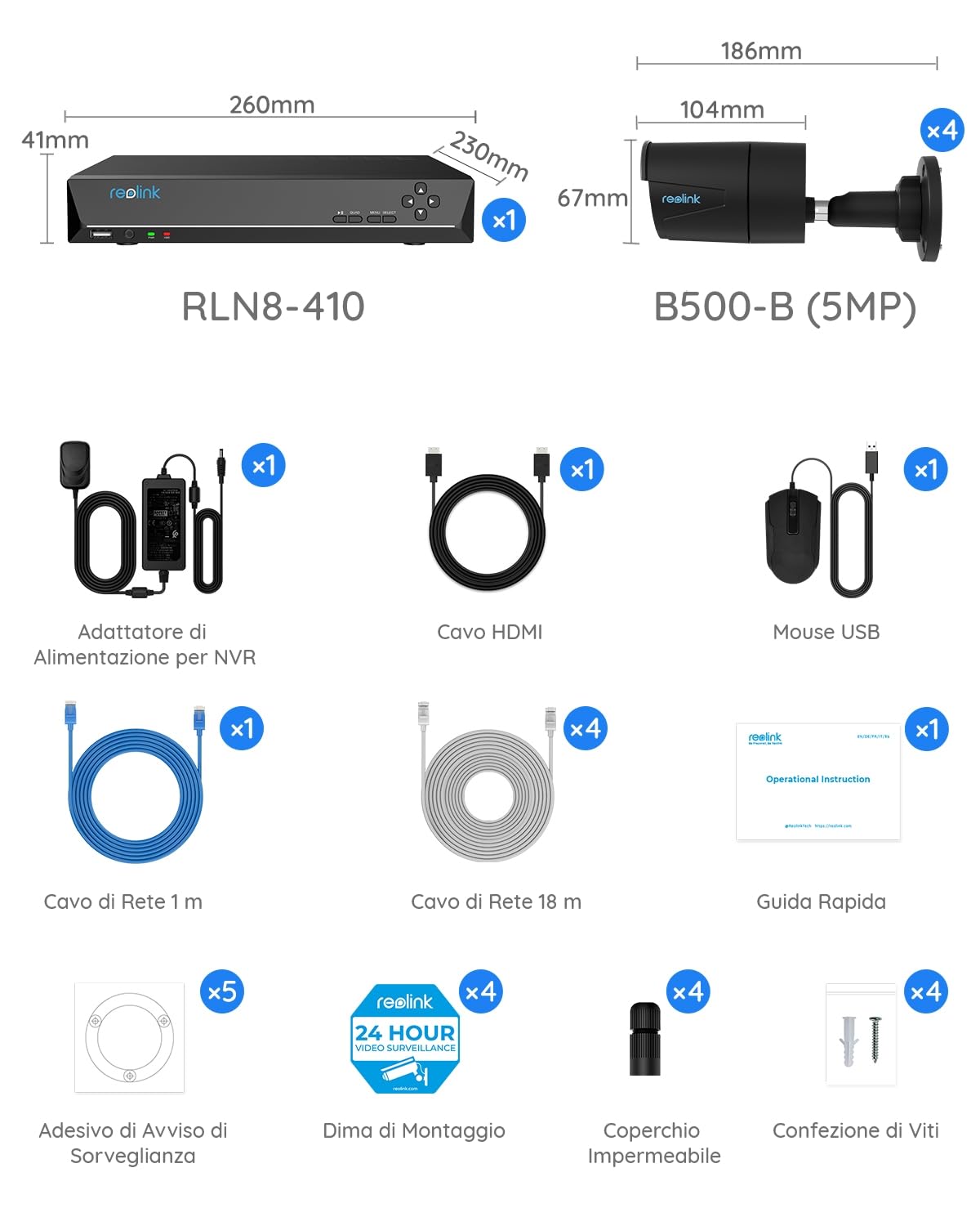 Reolink 5MP PoE Kit Videosorveglianza Esterno, 4K NVR 8CH 2TB + 4x 5MP Telecamera, Rilevamento di Uomo/Veicolo, Visione Notturna IR, Impermeabile IP67, Registrazione 24/7, RLK8-410B4-5MP (Nero)