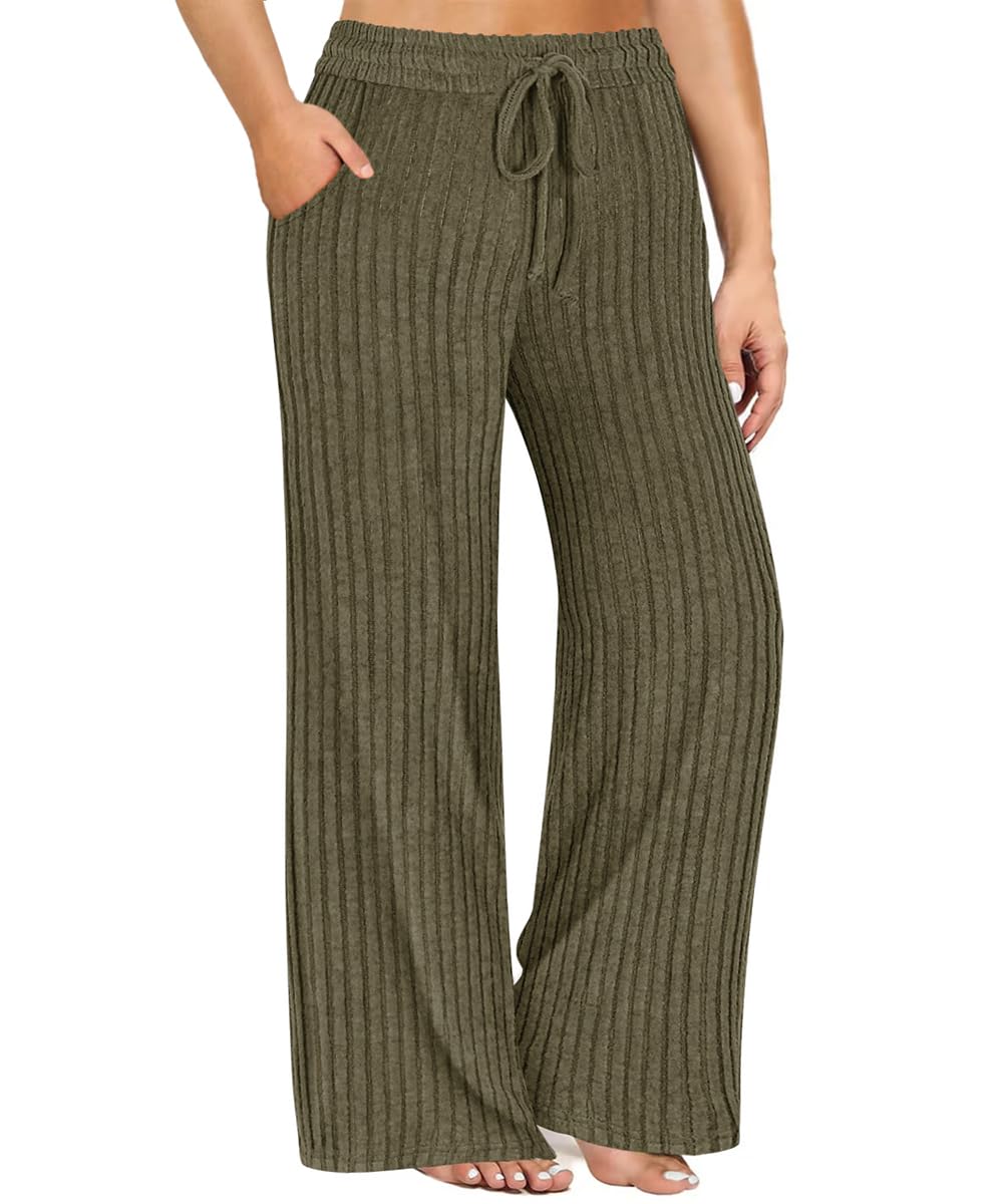CARCOS Plus Size Pants for Women 2X Green Ribbed Knit Palazzo Pants Elastic High Waisted Sweatpants Wide Leg Lounge Pants Casual Loose Drawstring Trousers with Pockets 2XL 18W 20W