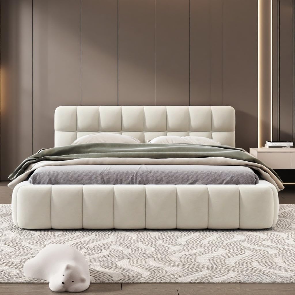 BRILVERDE Letto imbottito Bubble 140x200 cm, letto matrimoniale con rete a doghe, morbida schienale, letto singolo a basso profilo, in lino, colore beige (Beige, 140x200 cm)