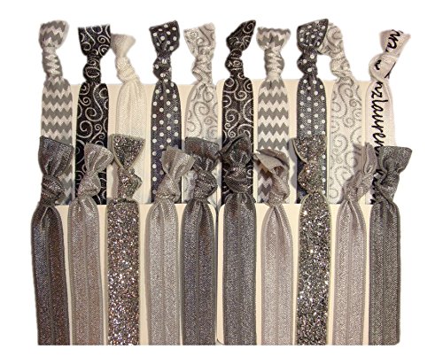 Hair Ties Ponytail Holders - 20 Pack"Silver Glitter Chevron Polka Dot" No Crease Ouchless Elastic Styling Accessories Pony Tail Holder Ribbon Bands - By Kenz Laurenz