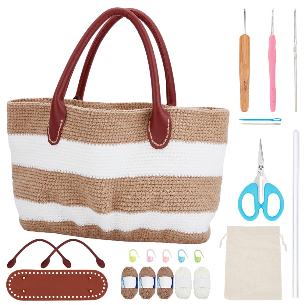 ORIGACH DIY Crochet Handbag Kit for Beginners Khaki Striped Crochet Bag with PU Leather Handheld and Base