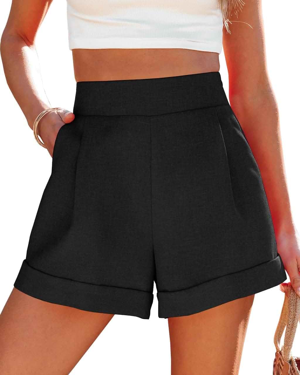 Wihion Women Summer Wide Leg Shorts High Waisted Casual Bermuda Shorts Lightweight Workwear Shorts with Pocket Solid