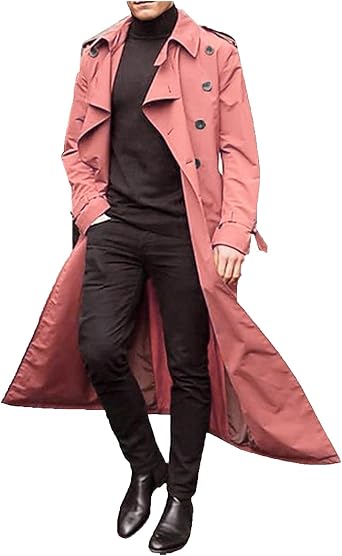 QWENTMTNTY Long Trench Coat Men Double Breasted Belted Oversized Windbreaker Casual Stylish Lightweight Overcoat Peacoat