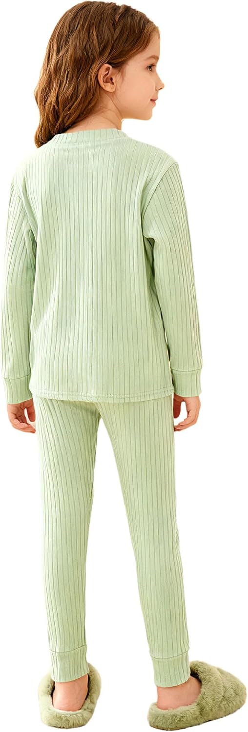 Unisex Kids Thermal Underwear Fuzzy Thermal Shirt Fleece Undershirts And Pants Tights Set Light Green 5-6 Years