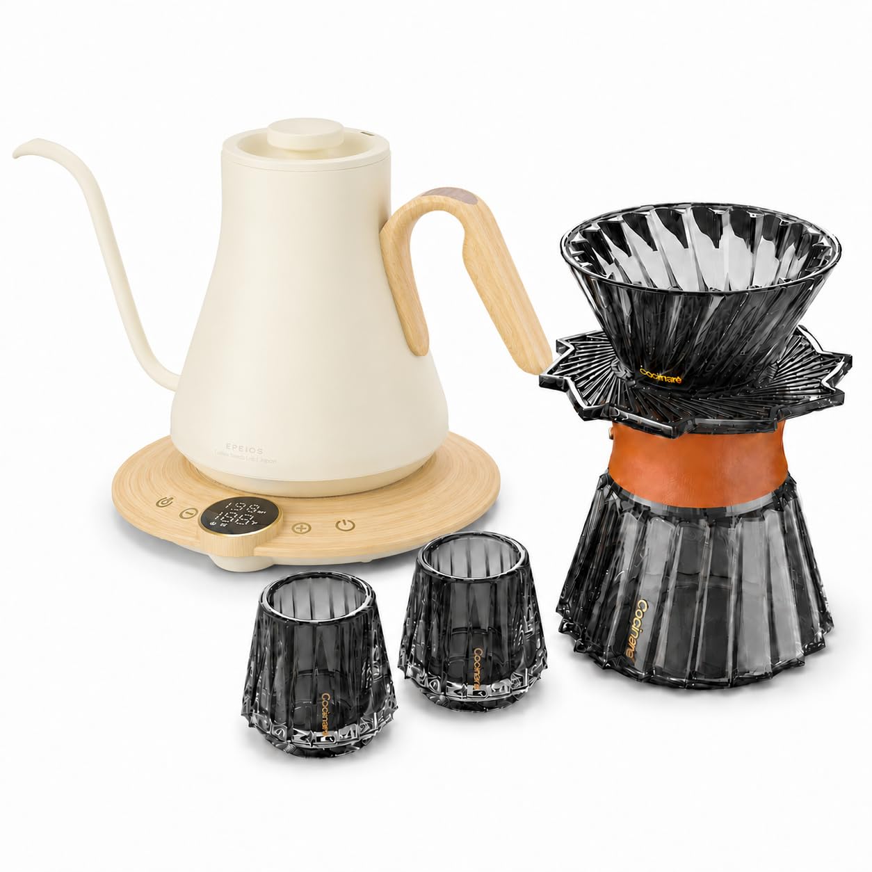 Cocinare Gooseneck Electric Kettle &amp; Pour Over Coffee Set, ±1°F Temperature Control, 1500W 0.9L Kettle, Coffee Dripper, 550 ml / 18.6 oz Server &amp; 2 Tasting Cups