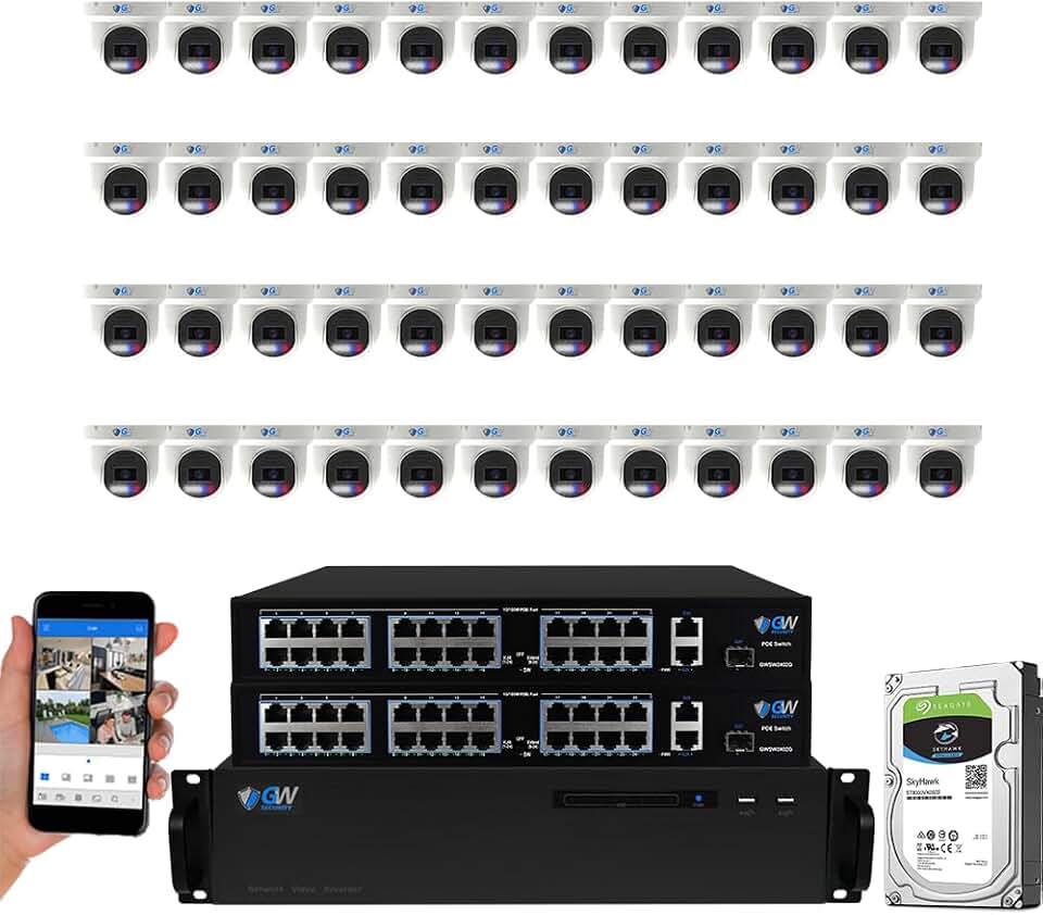 GW Security 64 Channel 12MP NVR UltraHD License Plate/Face Recognition NDAA & TAA Compliant Security Camera System with 48 x 5MP Outdoor & Indoor Color Night Vision Two-Way Audio PoE Turret Cameras