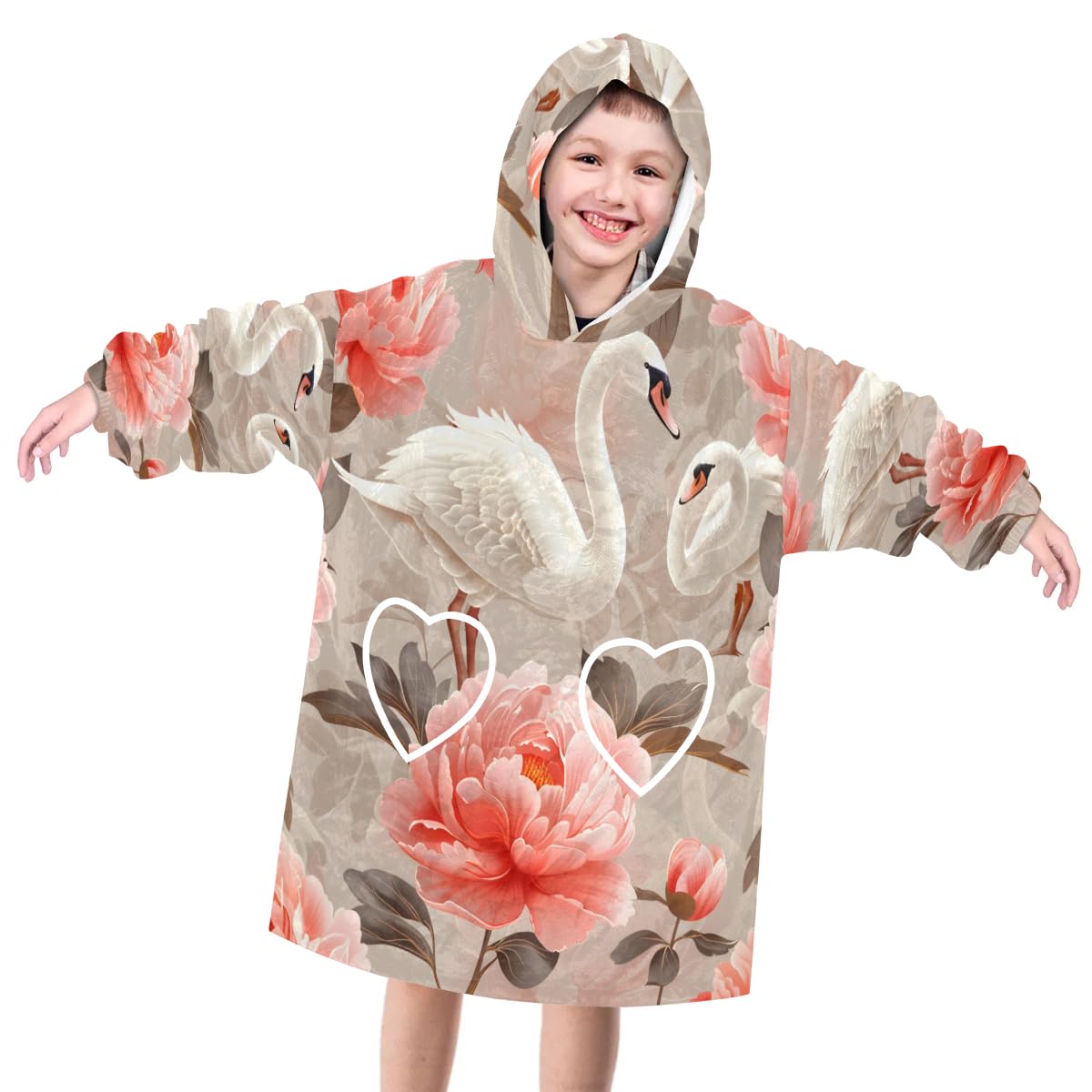 Pardick Wearable Blanket Hoodie for Kids, Cute Swans Fleece Sweatshirt Blanket Oversized Blanket Sweatshirt with Pocket Flannel Warm Hooded Blanket 6-10 Year Old Girl Boy Gift, One Size