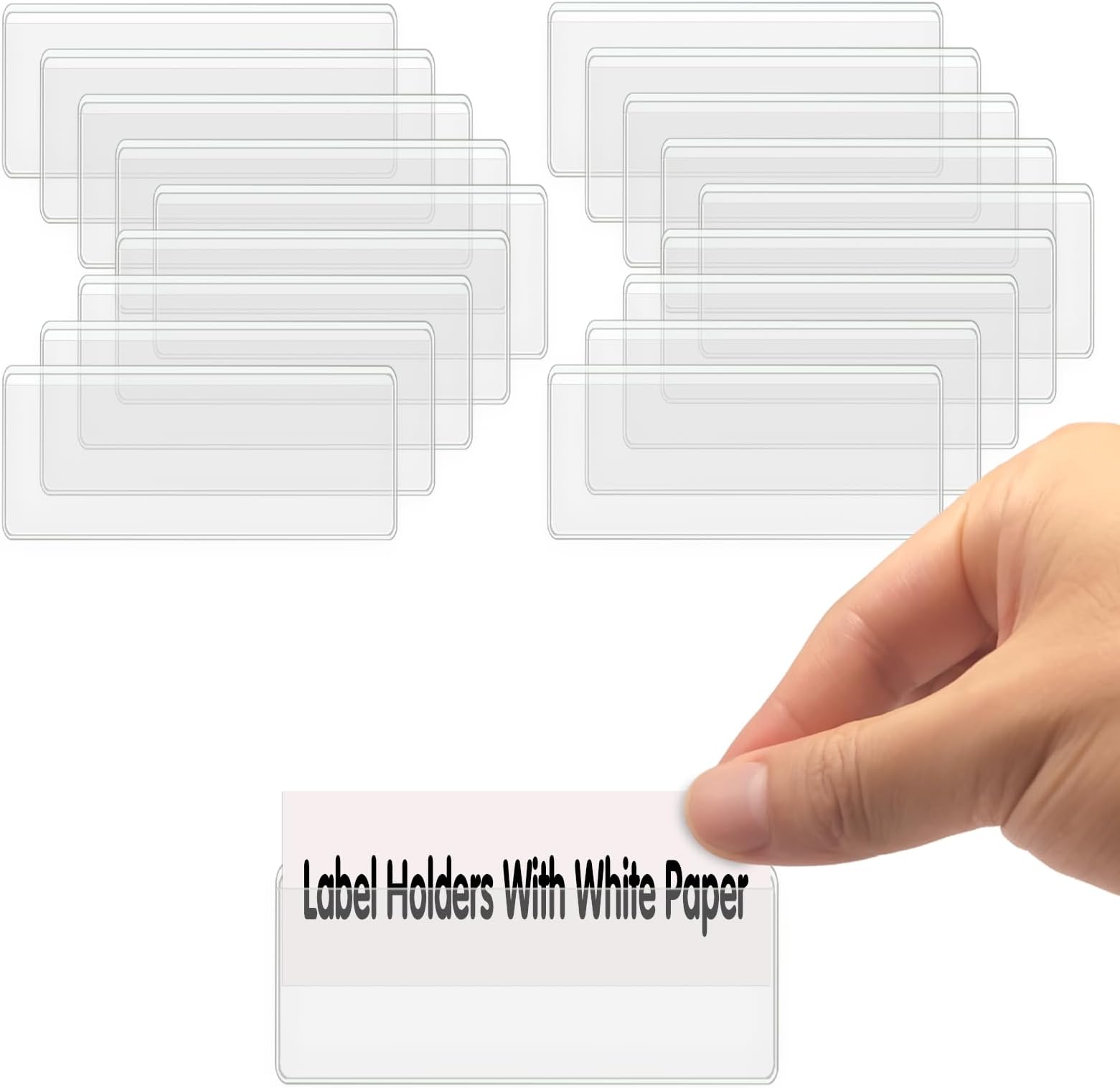 Self Adhesive Label Holder, ELEMGULY 104 Pack Self Adhesive Shelf Labels, Shelf Holder, Clear Pocket Holder with Paper for Supermarket, Bookcase, Kitchen (5 x 1 Inch)