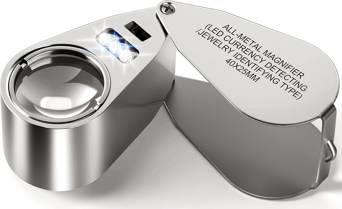 Leffis 40X Jewelers Loupe Magnifier LED/UV Illuminated Magnifying Glasses | Jewelry Loop Pocket Folding Magnifying Glass with Metal Construction for Close Work, Gardening, Kids, Stamp, Rock Collecting