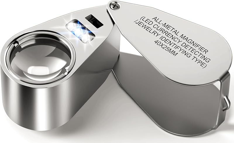 Leffis 40X Jewelers Loupe Magnifier LED/UV Illuminated Magnifying Glasses | Jewelry Loop Pocket Folding Magnifying Glass with Metal Construction for Close Work, Gardening, Kids, Stamp, Rock Collecting