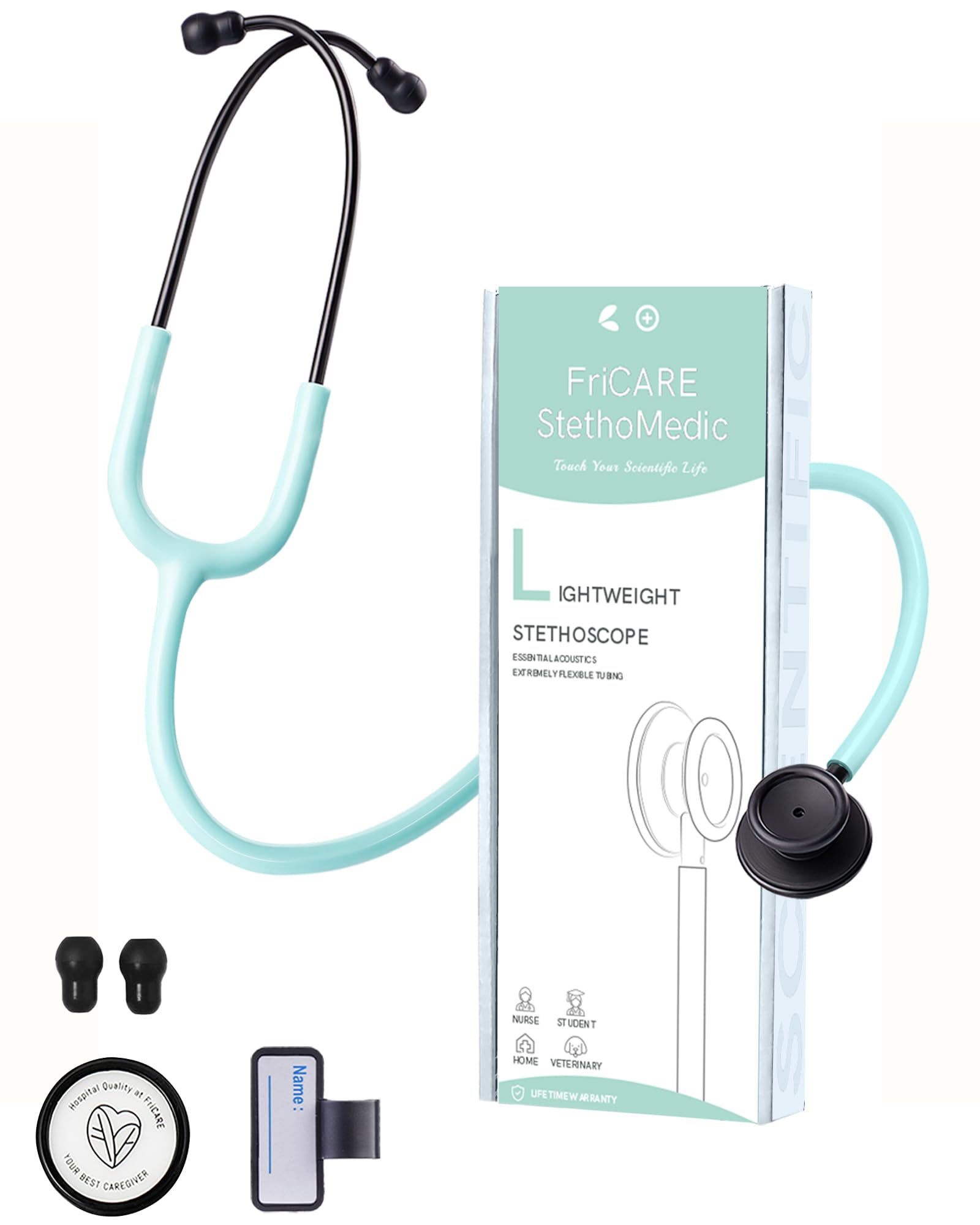 FriCARE Lightweight Stethoscope for Nurses, Stethoscopes Dual Head with Accessories Name Tag Eartips, Heartbeat Monitoring Medical Use, Latex-Free Tubing Mint Green