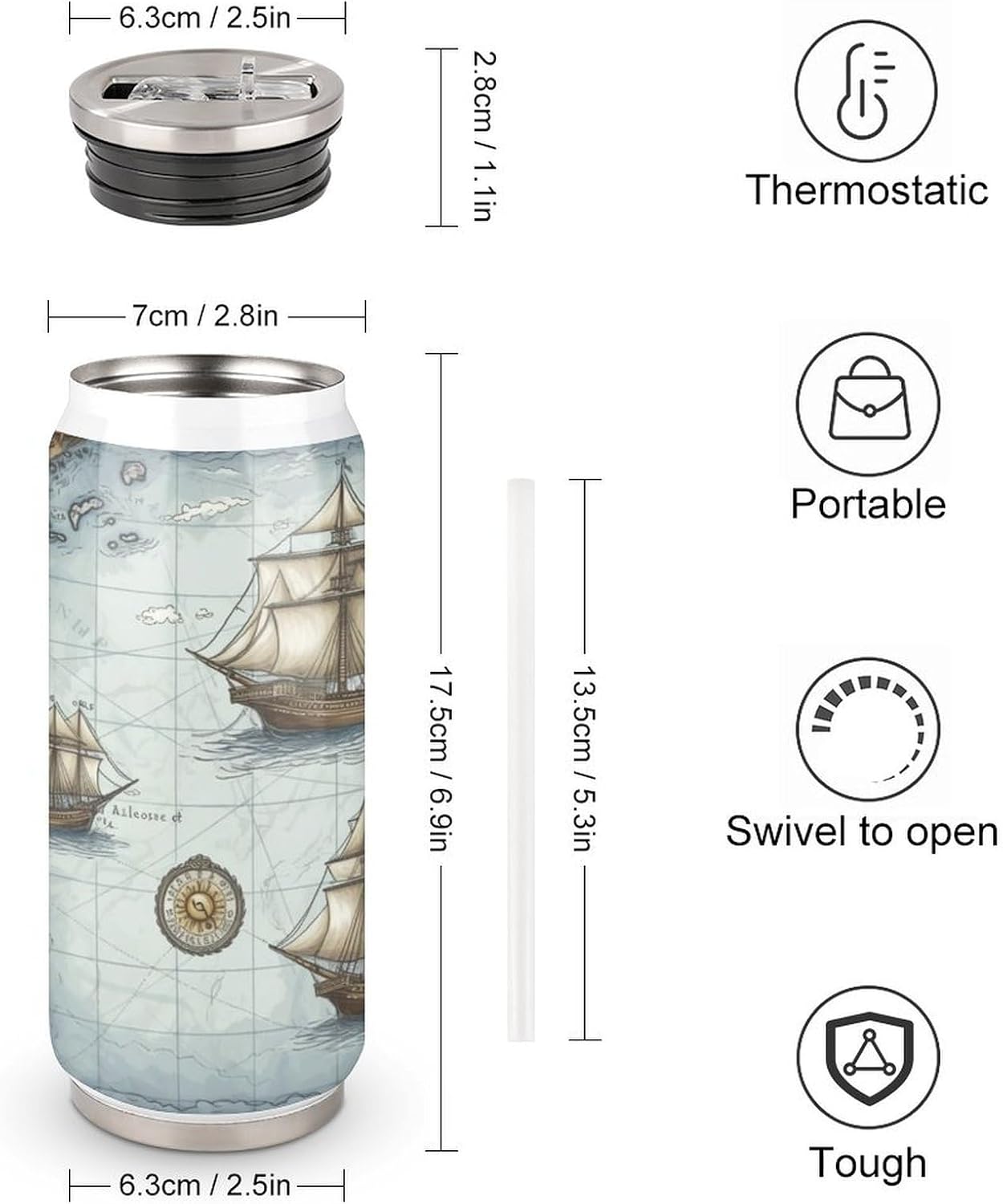 Stainless Steel Cups Boat Map Printed Coke Cup Stainless Steel Insulated Cups with Lid And Straw
