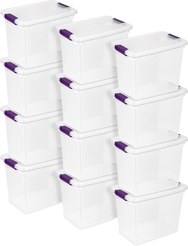 Cajas con pestillo Sterilite ClearView, contenedores de almacenamiento con tapas, 27 cuartos, paquete de 12 | Organizadores de plástico transparente con cierres de color para armario, dormitorio, estanterías, dormitorio y organización del hogar.