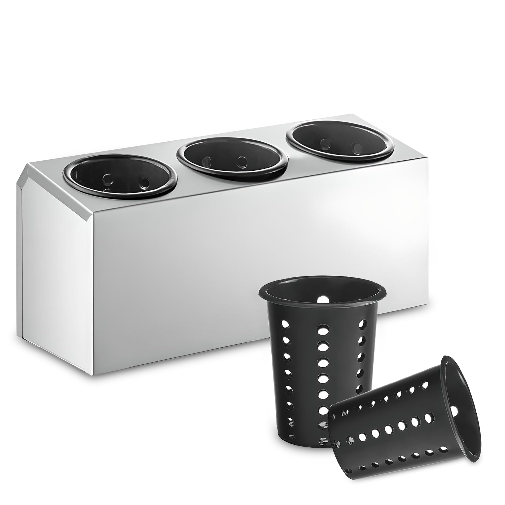 OCS Parts 3-Compartment Silverware Display Holder | Black Cylinders | Stainless Steel Kitchen Caddy Utensil Holder with Perforated Cylinders for Home