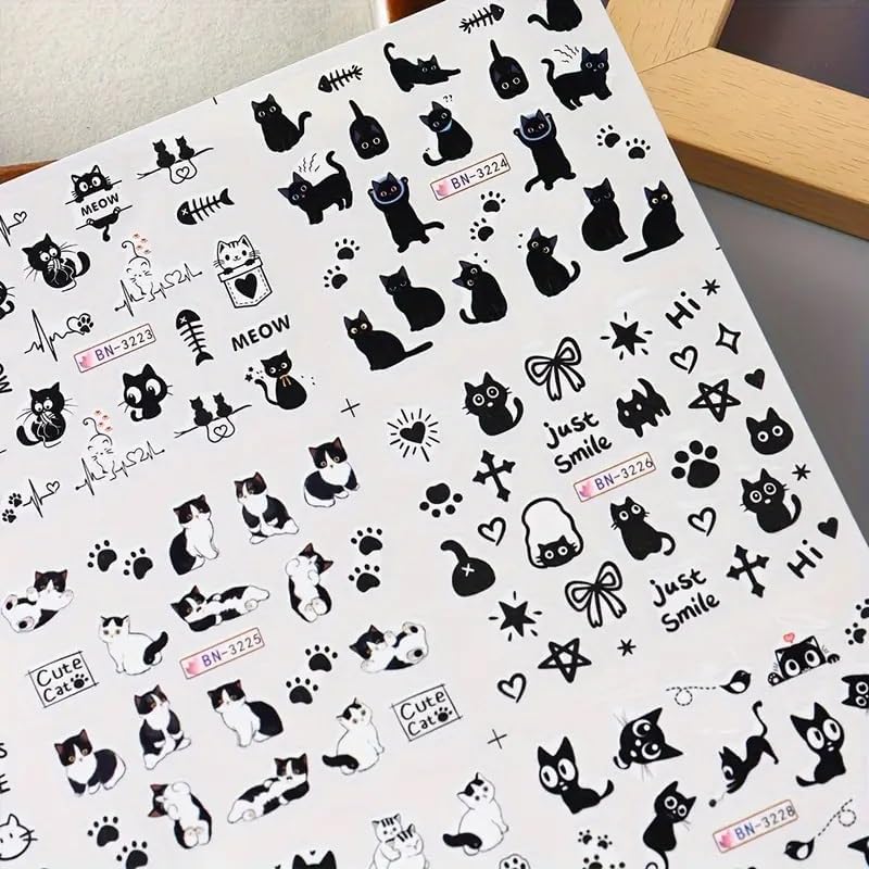 Cute Cat Nail Art Stickers Black Cats Water Transfer Nail Stickers Cat Paw Cute Animals Water Transfer Nail Decals Cute 3D Self Adhesive Nail Art Supplies White Cats Designs Nail Art Decals 12PCS