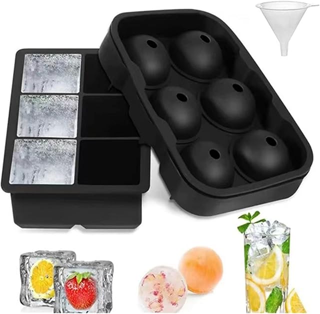 Silicone Ice Cube Trays (Set of 2), Sphere Ice Ball Maker with Lid & Large Square Moulds, Reusable for Baby Food, Freezer, Water, Whiskey, Cocktail and Other Drink