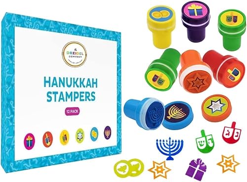 Miniatura 10 de Sellos de Hanukkah, caja de doce sellos multicolor de Hanukkah, cada sello incluye un divertido icono de Janucá que incluye menorá, Dreidels y