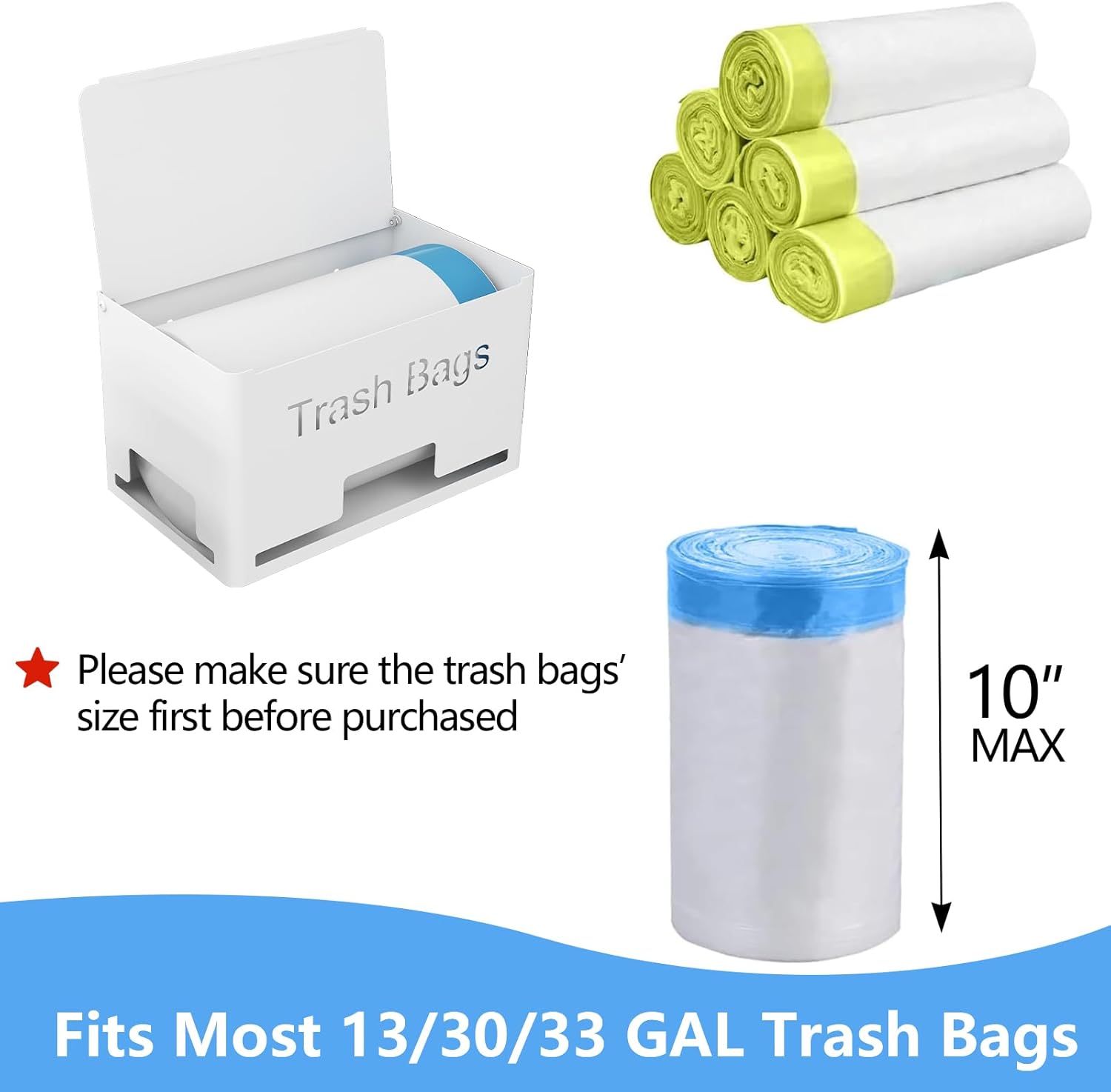 Size Large Trash Bag Holder Dispenser, Metal Garbage Bag Dispenser Roll Holder, Kitchen Trash Storage Organizer for Under Sink, Wall Mounted or Countertop, White