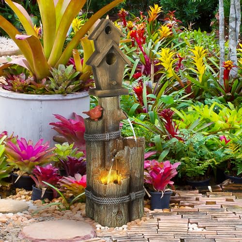 Outsunny Outdoor Fountain with Birdhouse, Cascading Garden Waterfall Bird Bath with 3-Tier Rustic Tree Trunk/Log Design, LED Lights for Porch, Deck, Yard Decor, Brown