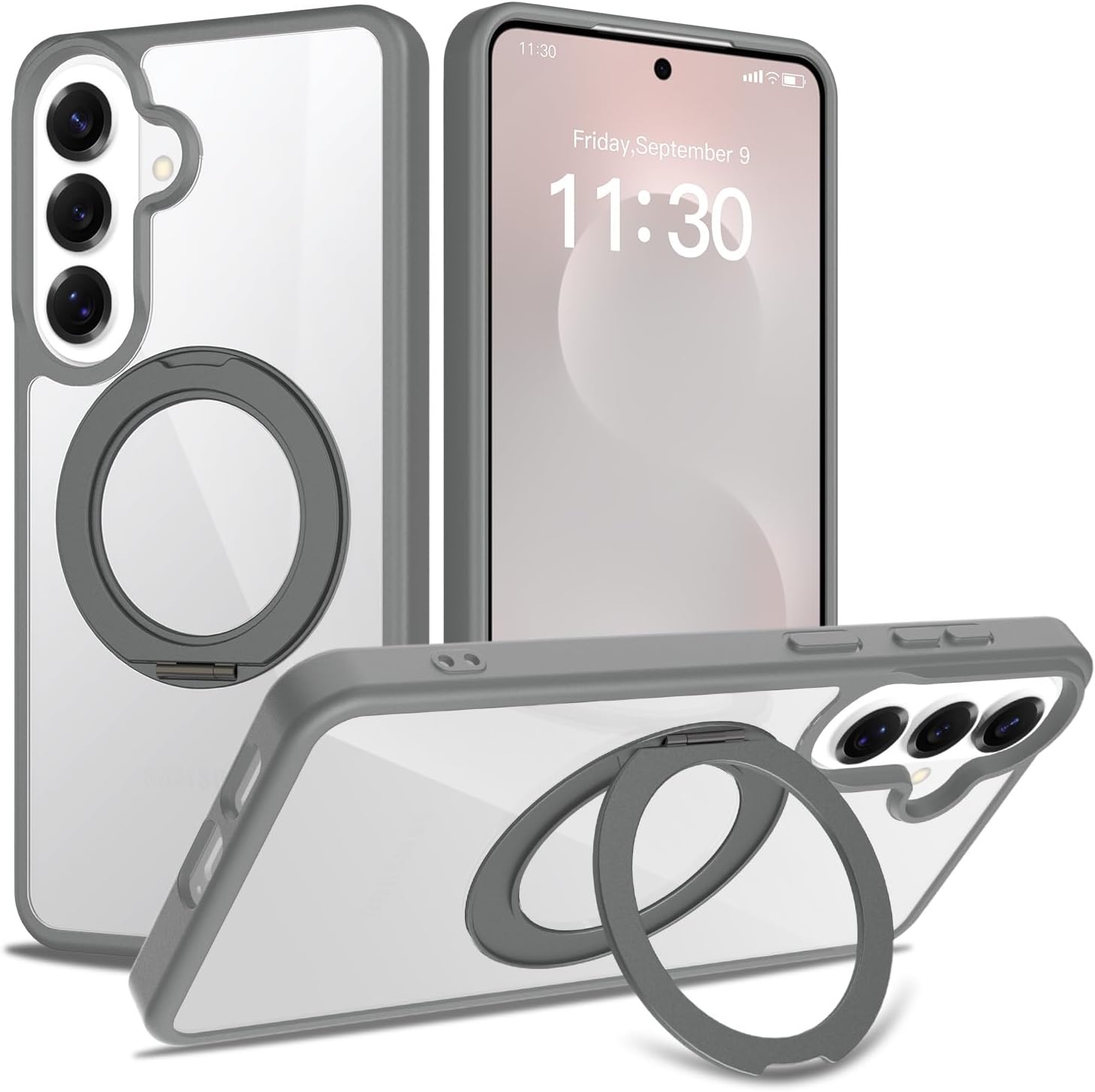 Magnetic Protective Case for Samsung Galaxy S26 Plus with 360-Degree Rotating Stand, Semi-Transparent Design, Wireless Charging Support, Shock Protection (Gray)