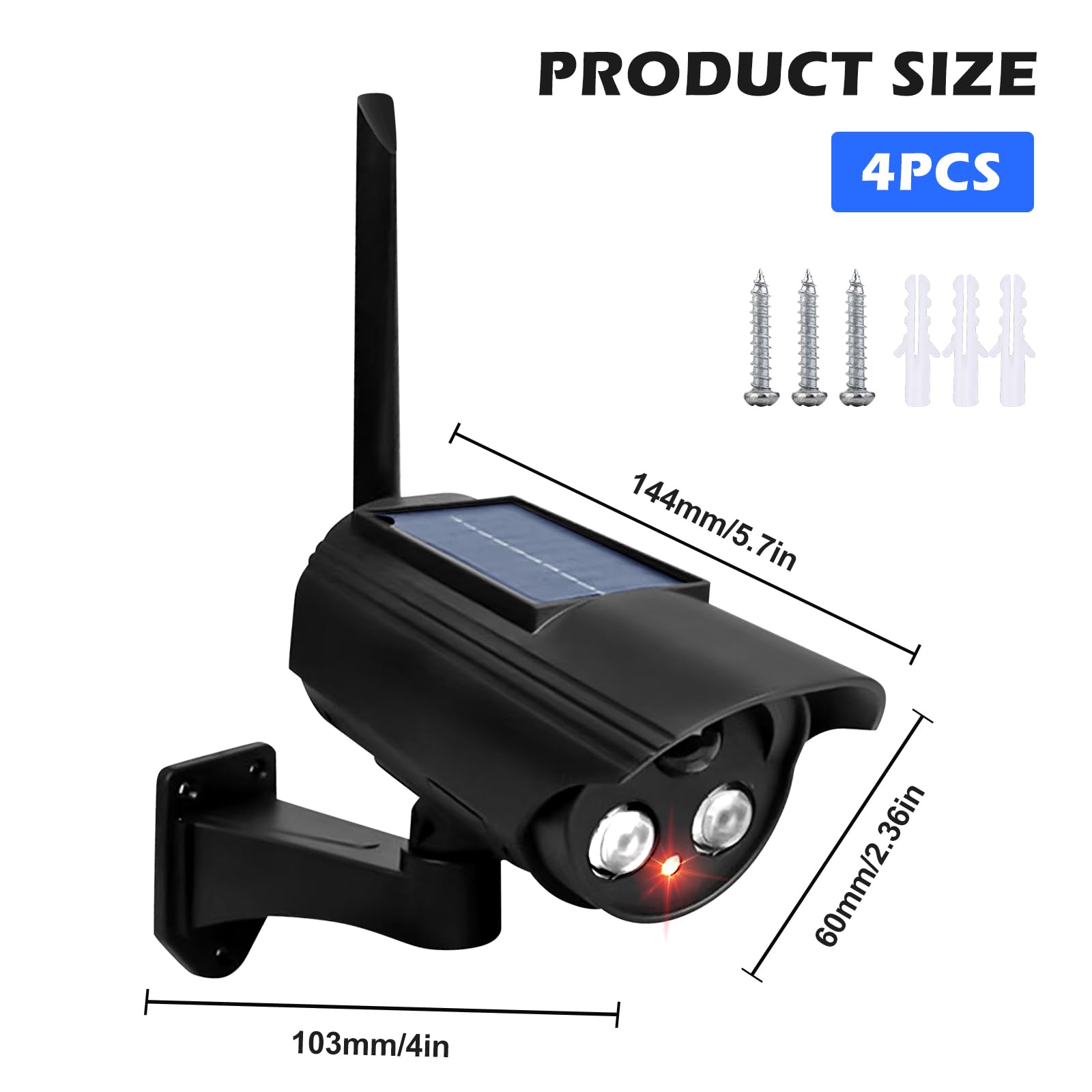GOMETY 4 piezas de cámara falsa para exterior, cámara solar falsa, cámara de vigilancia falsa con luz LED roja intermitente, cámara de vigilancia falsa para exteriores para garajes, patios traseros