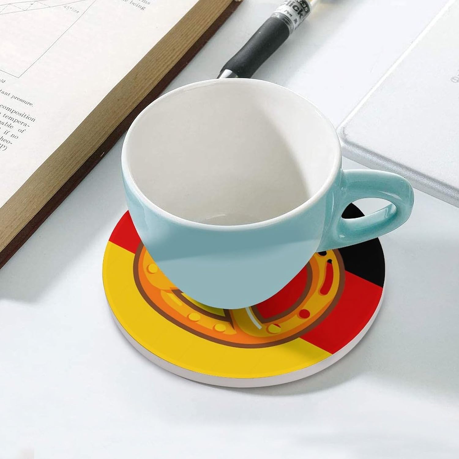 Pretzel Germany Flag Round Ceramic Coasters Print Drinks Absorbent with Cork Base for Home Decor Gifts 4 Inch