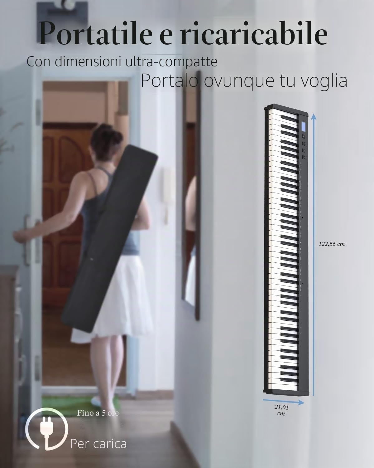 Longeye Pianoforte Digitale 88 Tasti Tastiera Elettrica Semipesata Compatta per Principianti con Supporto, Borsa, Pedale Sustain Nero Slim-88
