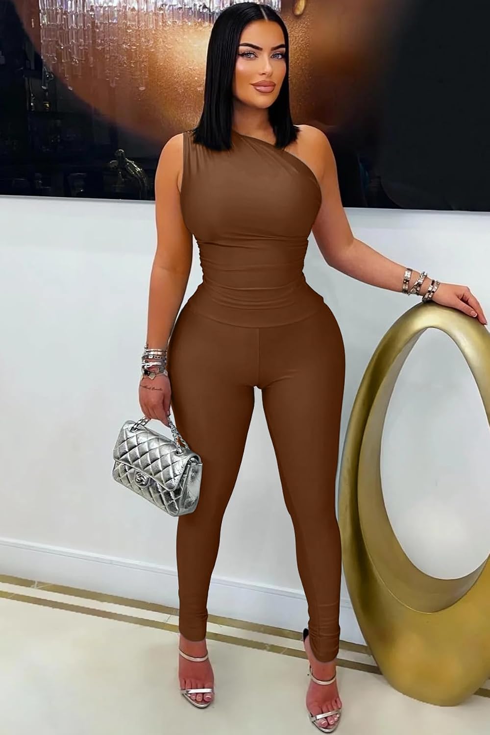 Condition photo showing As Is for memoriesea women's sexy jumpsuits one shoulder bodycon rompers one piece outfits brown small