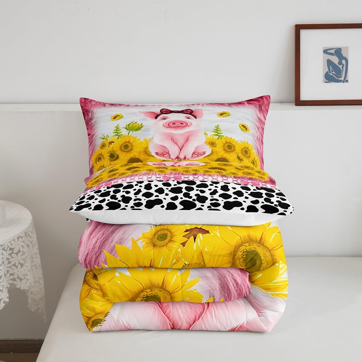 Feelyou Pig Comforter Set Sunflower Comforter for Kids Teens Pink Cow Fur Bedding Set White Cowhide Cow Print Black White Pink Duvet Set Room Decor Room Decor Quilt Queen Size Boys