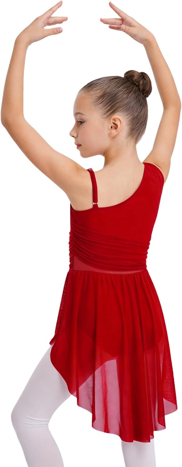 Girls Lyrical Dance Costume Contemporary Ballet Leotard One Shoulder Gymnastics Leotards Tulle Skirt Dancewear