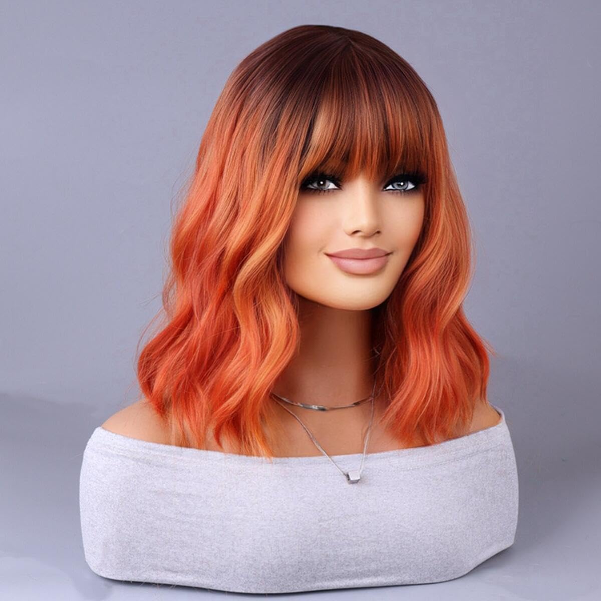 ANESHE 14 Inches Orange Wig for Women Short Curly Bob Wig with Bangs Ombre Orange Wig Synthetic Wig for Daily Cosplay Party