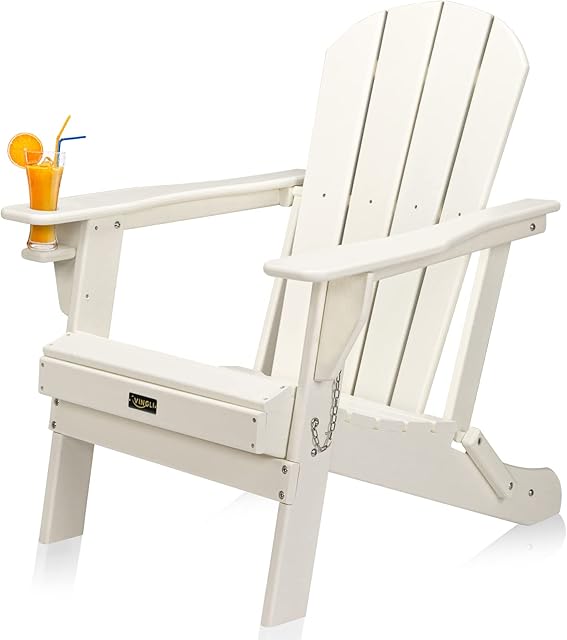 VINGLI Folding HDPE Adirondack Chair with Cup Holder Plastic Patio Lounger Armchair Lawn Chairs Furniture Deck, Balcony, Garden, Campfire Chairs (White)